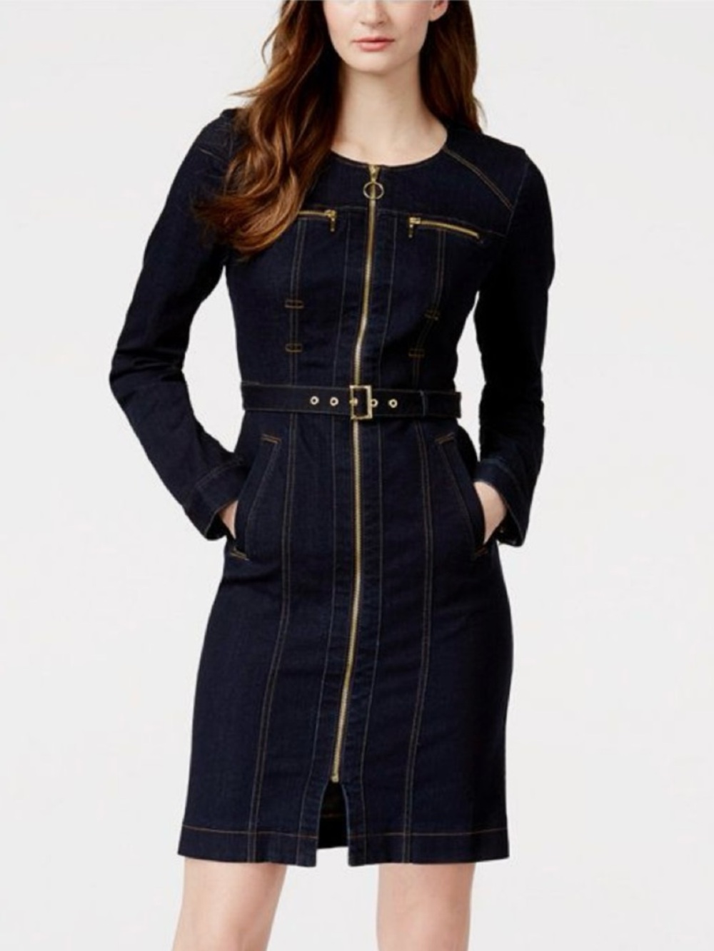 INC ZIP FRONT DARK WASH DENIM DRESS